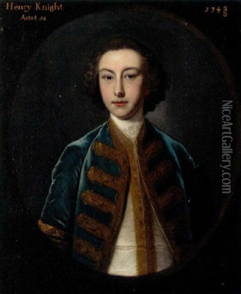 Portrait Of Henry Knight Aged 14, In A Gold Embroidered Blue Coat And White Waistcoast Oil Painting - Joseph Highmore