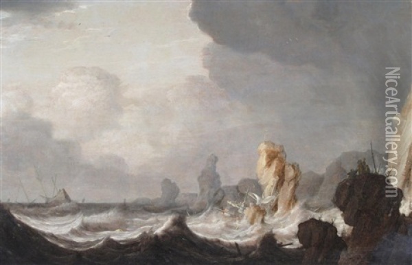 A Ship Foundering On Rocks In A Storm With Figures Praying On A Rocky Outcrop Oil Painting - Pieter Mulier the Elder