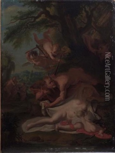 Nymphes Et Satyres (2 Works) Oil Painting - Jacob Ignatius Roore