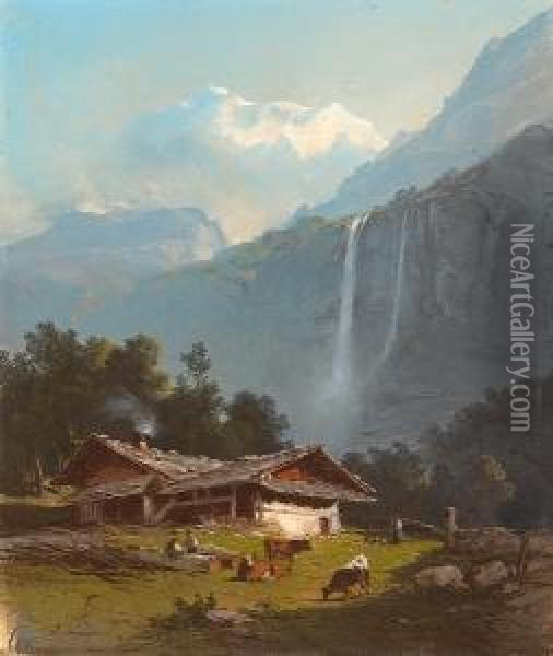 A View Of Staubach Falls, Lauterbrunnen,switzerland Oil Painting - Jules Louis Phillipe Coignet