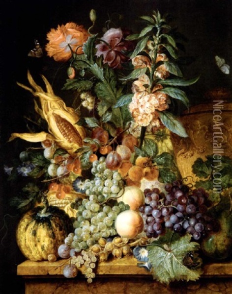 Composition Florale Avec Une Urne Sculptee Et Des Fruits Oil Painting - Jacobus Linthorst