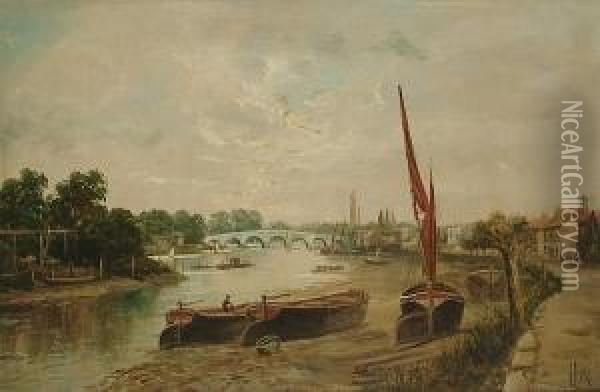 The Thames At Strand On The Green With Kew Bridge Oil Painting - J. Lewis