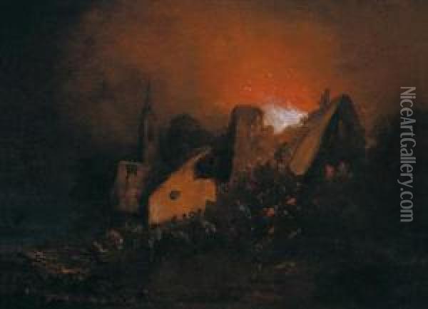 Incendio Notturno In Un Villaggio Oil Painting - Egbert van der Poel