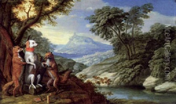 Zwei Fusche Pflegen Einen Hund Oil Painting - Johann Adalbert Angermayer