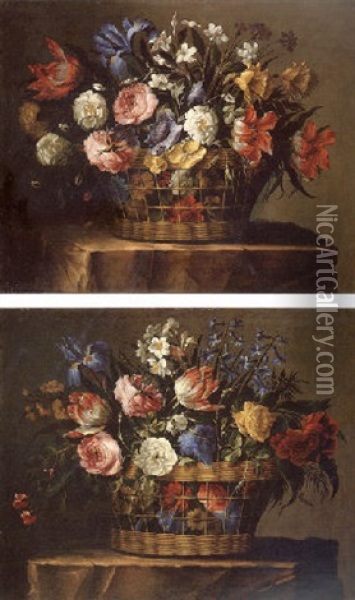 Still Life Of Roses, Peonies, Variegated Tulips, Hyacinths, Blue Irises, Anemones, Narcissi, And Other Flowers In Basket Oil Painting - Juan De Arellano