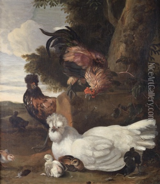 A Cockerel, Hen And Other Decorative Fowl In A Farmyard Oil Painting - Melchior de Hondecoeter