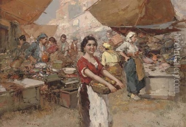A Fruit Seller On Market Day Oil Painting - Giuseppe Pitto