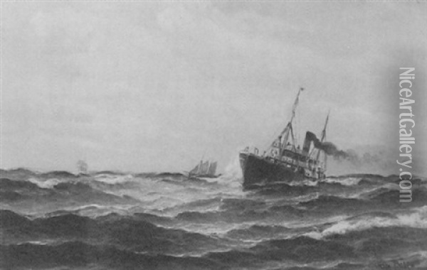 Single Screw Steam Vessel In A Choppy Sea Oil Painting - Vilhelm Victor Bille
