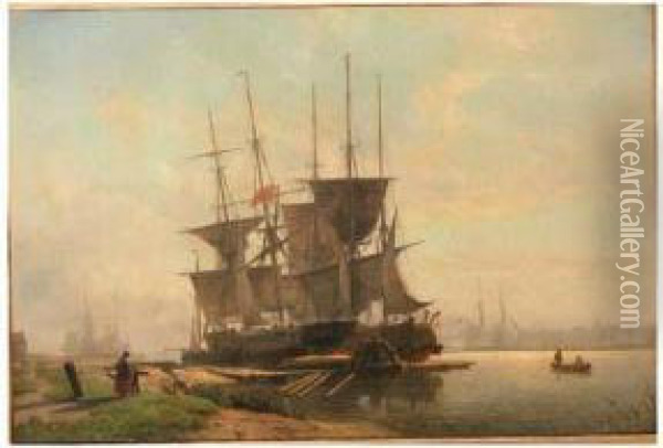 Moored Shipping By De Houtpijp, Amsterdam Oil Painting - W.A. van Deventer