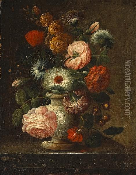 A Still Life With Roses And Other Flowers In A Vase Oil Painting - Johann Nepomuk Mayrhofer