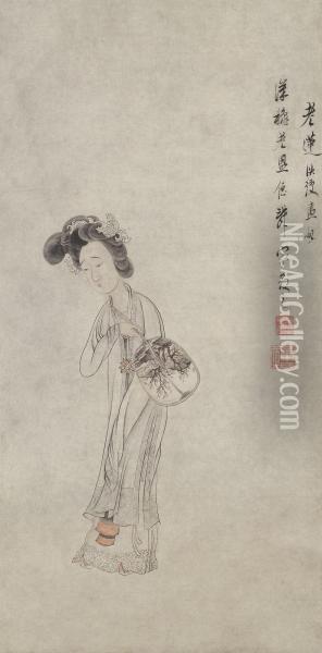 Lady With A Fan Oil Painting - Chen Hongshou