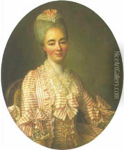 Portrait Of A Lady (yvonette Moulin De La Raciniere?) In A Pink And White Striped Dress With Lace Trimmings Oil Painting - Francois Hubert Drouais