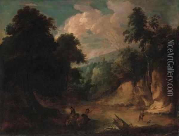 A Rocky River Landscape With A Fisherman And A Drover Wateringcattle Oil Painting - Jacques D Arthois