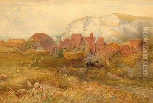 Country Village Scene With Horse And Cart And Sheep Oil Painting - Charles Earle
