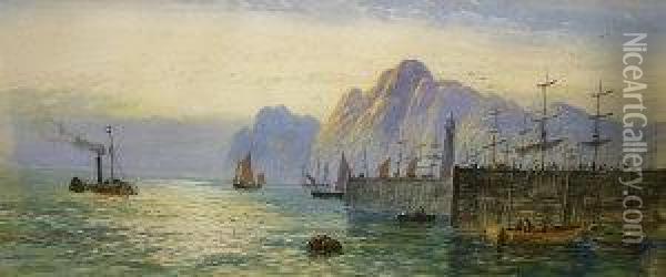 Harbour Scene With Cliffs Oil Painting - Lennard Lewis