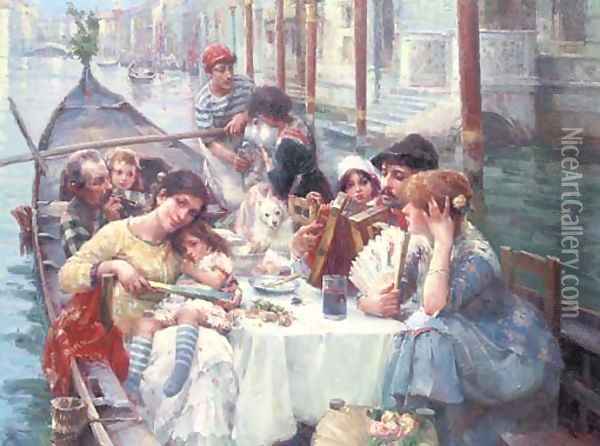 Lunch on the canal, Venice Oil Painting - Continental School