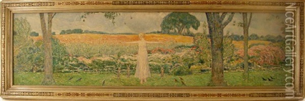 Child In Landscape With Rabbits Oil Painting - Childe Hassam