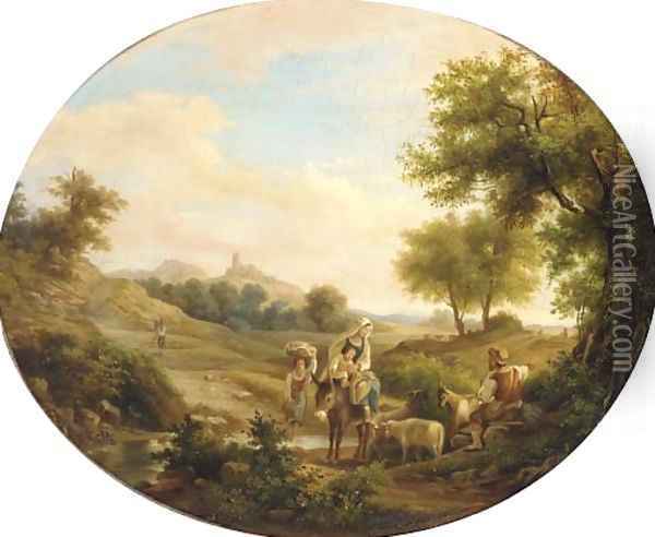 Travellers on the way home from market in an Italianate landscape Oil Painting - Friedrich Johann Voltz