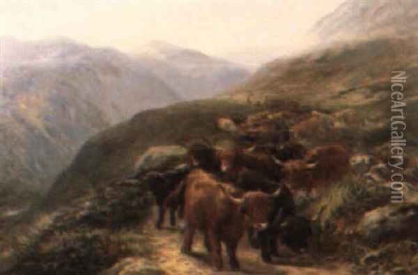 Driving  Highland Cattle Through A Glen Oil Painting - Henry Garland