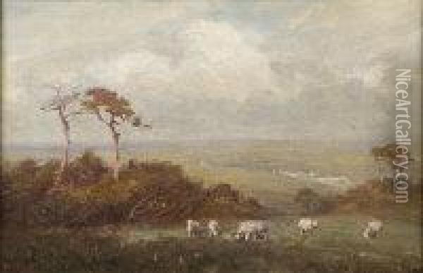 Sheep Grazing In Extensive Landscape Oil Painting - Max Ludby