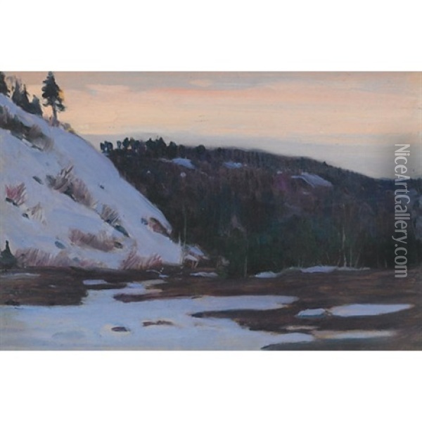 Fin D'hiver, Crepuscule, Baie St. Paul, Quebec Oil Painting - Clarence Alphonse Gagnon