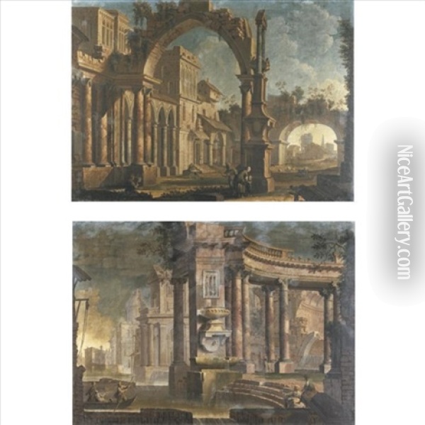 Architectural Capriccio With Figures Underneath An Arch (+ Architectural Capriccio Along A River; Pair) Oil Painting - Pietro Paltronieri