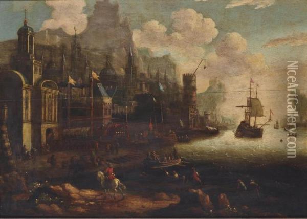 A Capriccio Of A Mediterranean Harbour With Moored Galleons And Figures Oil Painting - Jacobus Storck