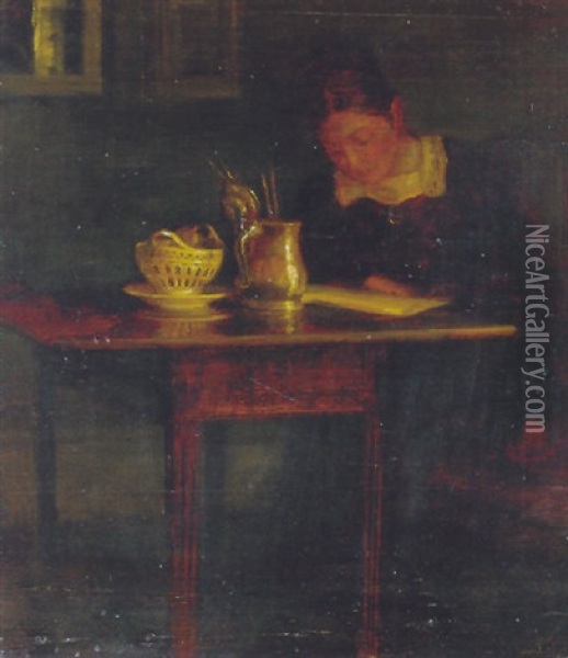 Interior Med Laesende Dame Oil Painting - Carl Vilhelm Holsoe