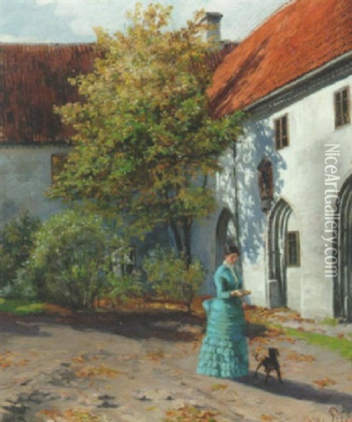 En Ung Pige Med En Hund I Fratergarden I Karmelitterklostret, Helsingor Oil Painting - Sigvard Marius Hansen