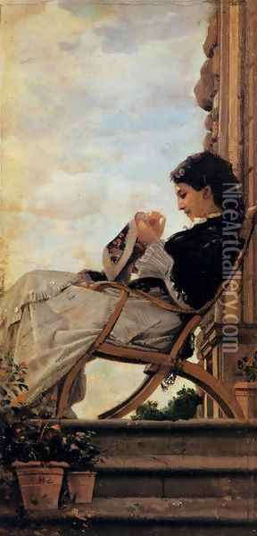 Woman Sewing on the Terrace Oil Painting - Cristiano Banti