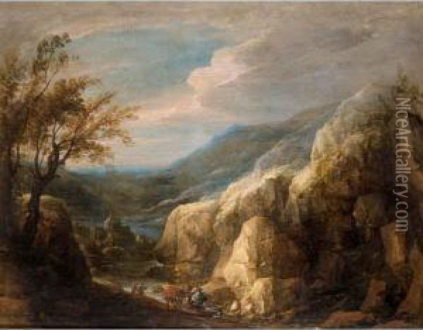An Extensive Mountianous Landscape With Figures And A Donkey Beside A River Oil Painting - Lodewijk De Vadder