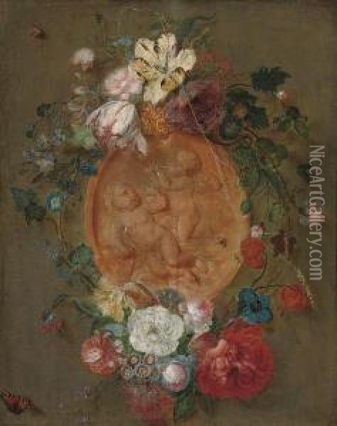 A Garland Of Parrot Tulips, Roses, Anemones And Other Flowers, Around A Terracotta Plaque Of Putti Disporting Oil Painting - Jan Frans Josephus Mertens