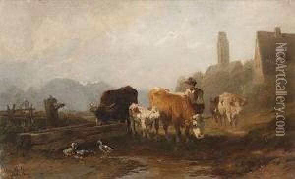 Huterjunge Mit Kuhherde Und Enten
 Am Brunnen Vor Dem Dorf. Oil Painting - Christian Friedrich Mali