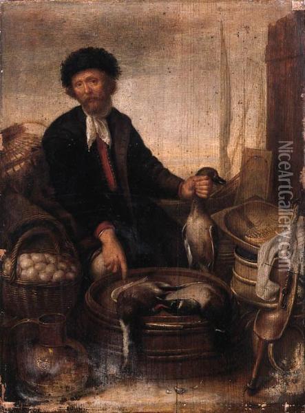 A Poultry Seller On A Quay Oil Painting - Gerrit van Donck