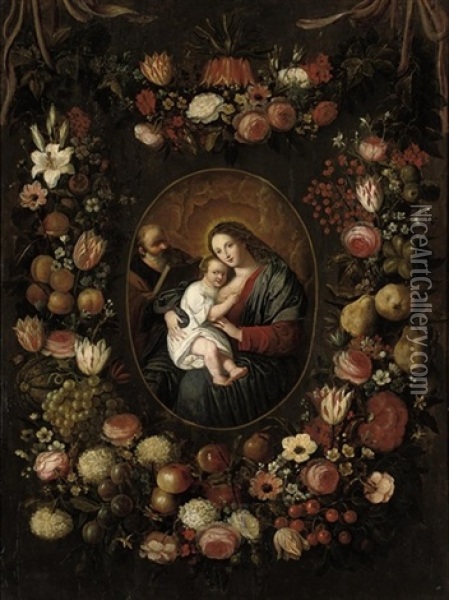 The Holy Family, Surrounded By Garlands Of Roses, Lilies, Tulips And Other Flowers, Apricots, Grapes, Plums, Apples, Cherries, Pears And Other Fruits Oil Painting - Philippe de Marlier