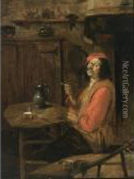 A Man Smoking A Pipe In An Interior Near A Fireplace Oil Painting - Abraham Diepraam