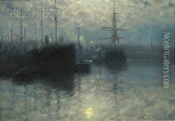 Boston Harbor, Moonlight Oil Painting - William Edward Norton