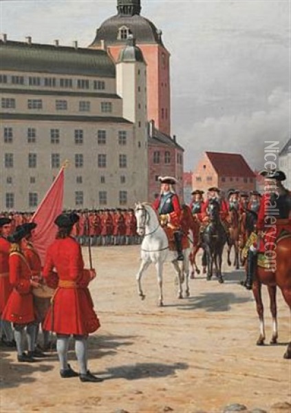 King Frederik Iv Inspecting The New Militia. A Sketch For One Of The Large Paintings For The Parade Hall At Christiansborg Castle Oil Painting - Christoffer Wilhelm Eckersberg