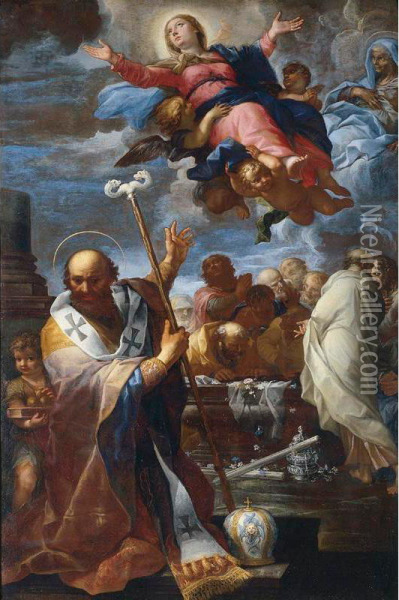 The Assumption Of The Virgin With Saints Nicholas Of Myra And Anne Oil Painting - Giovanni Battista Lenardi