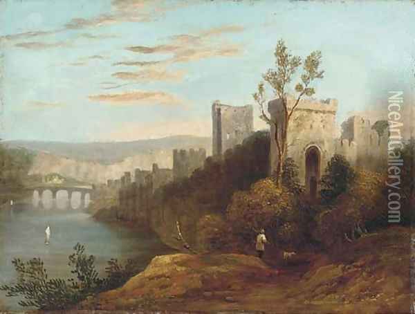 A figure before a riverside castle Oil Painting - English School