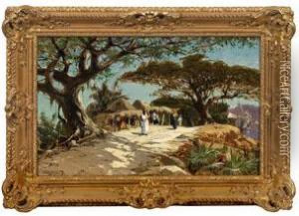 Afrikanische Landschaft Mit Blick Auf Ein Huttendorf Oil Painting - Carl Saltzmann