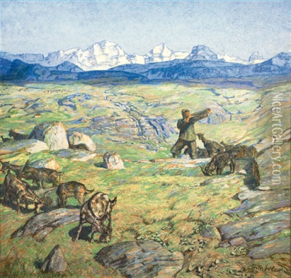 Goatherd In The Alps Oil Painting - Erich Erler-Samedan