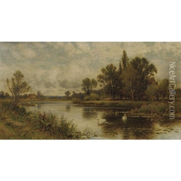 Landscape With Pond And Swanns Oil Painting - Alfred Augustus Glendening Sr.