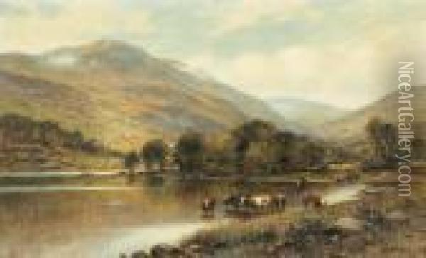 Cattle Watering In A Valley River. Oil Painting - Alfred Augustus Glendening
