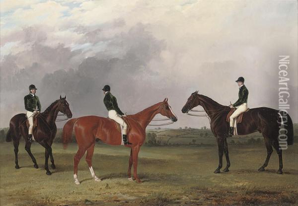 A Chestnut And Two Bay Racehorses Belonging To John Bowes Withjockeys Up Oil Painting - John Dalby Of York