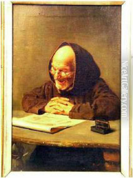 Study Of An Old Monk Reading At A Table Oil Painting - Arturo Petrocelli
