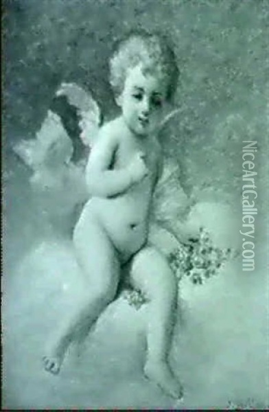 Auf Einer Wolke Sitzender Engel Mit Blumenkranz Oil Painting - Jules Frederic Ballavoine