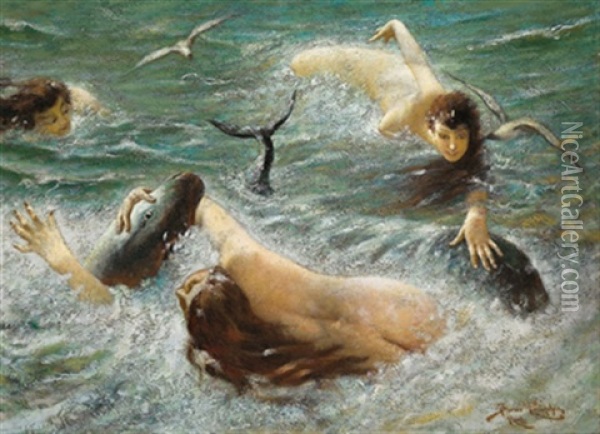 Meeresidyll, Nymphen Mit Delphinen In Den Wogen Tummelnd Oil Painting - Benes (Benesch) Knuepfer