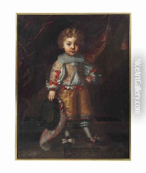 Portrait Of A Boy, Full-length, In An Embroidered Jacket With Ribbons, A Plumed Hat In His Right Hand, In An Interior Oil Painting - Tiberio (Valerio) di Tito