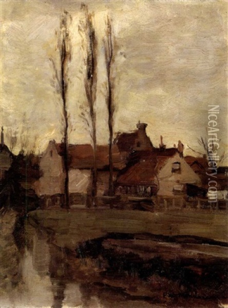 Houses With Poplars Oil Painting - Piet Mondrian